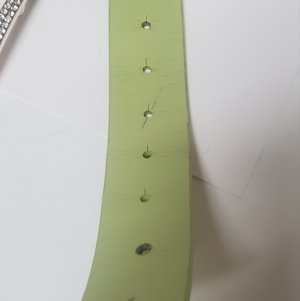 Vintage Leather Lime Green Rhinestone Buckle Belt 31" - 35" - Picture 6 of 8